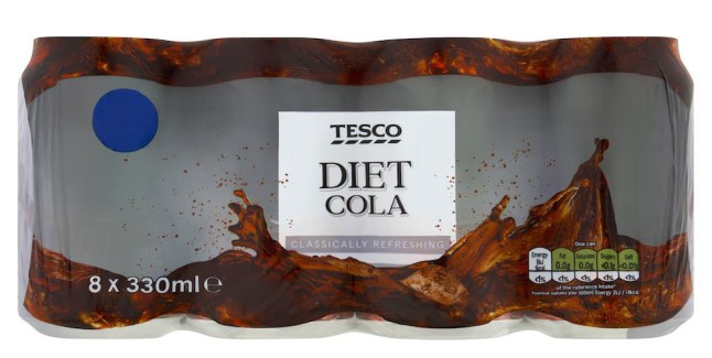 Tesco Diet Cola cans on a white background