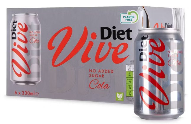 Pack of Aldi Diet Vive cans on a white background