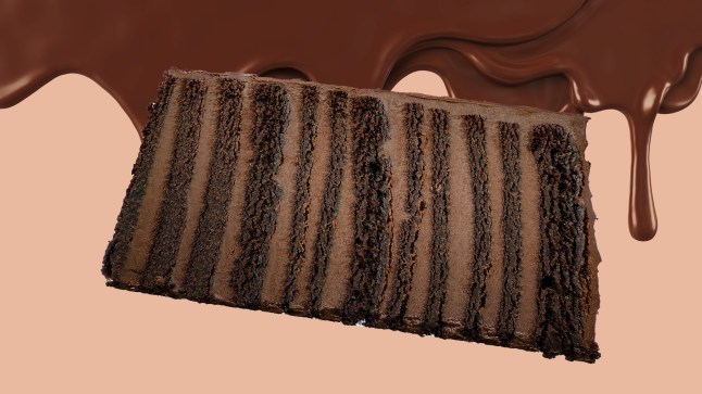 The Matilda cake from Tesco on a netural background with dripping chocolate