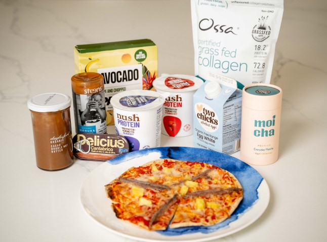 Bethany Eaton with her selection of snacks that she likes to have at home including Manuca honey, Dalesford Chocolate nut butter, frozen avocados, collagen powder, Nush yoghurts, liquid egg whites matcha powder and pineapple and anchovy pizzas. Byline John Nguyen/JNVisuals 19/05/2025