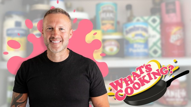 Scott Harrison and What's Cooking logo with storecupboard items in the background
