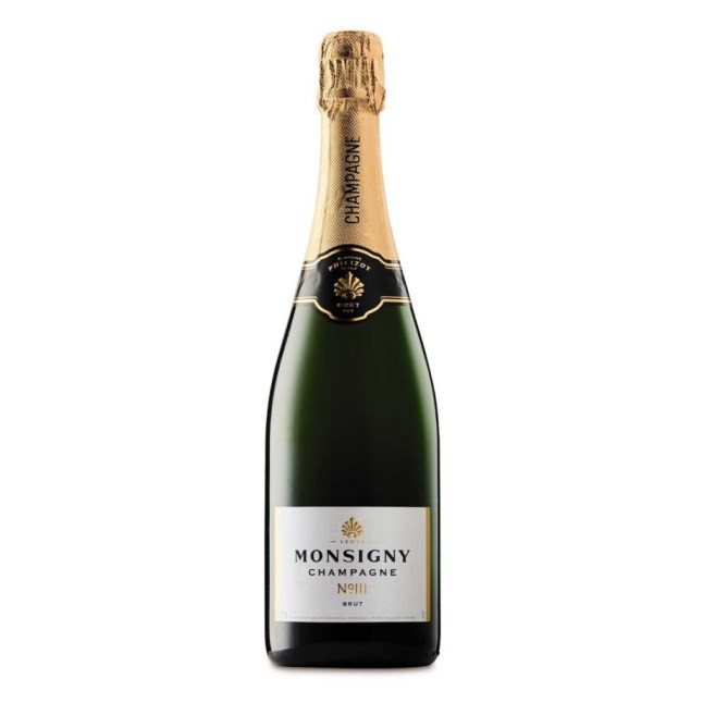 A bottle of Aldi's Veuve Monsigny Champagne Brut on a white background
