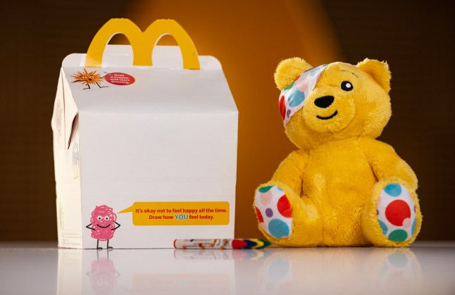 The limited-edition blank McDonald's Happy Meal box and a Pudsey toy