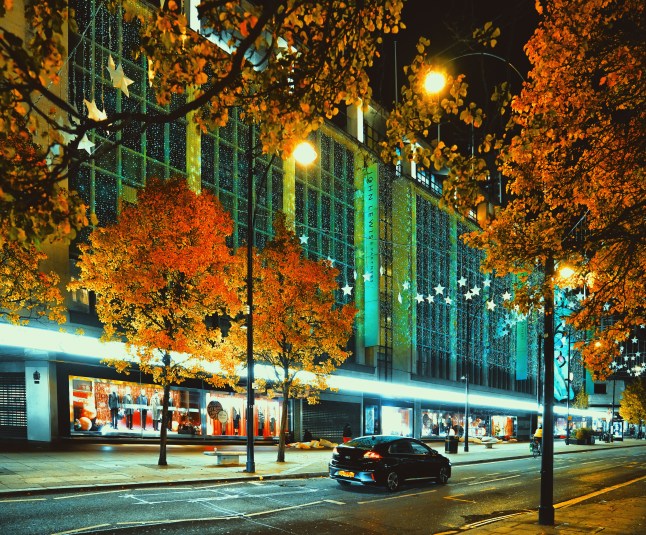 John Lewis & Partners Christmas shops, Christmas street lights and Christmas Decorations, autumn Tree, Oxford Street London, England UK, night street view