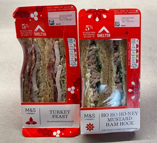 M&S Ho Ho Ho-ney Mustard Ham Hock and Turkey Feast sandwiches in packets