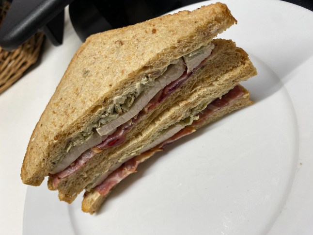 The M&S Ho Ho Ho-ney Mustard Ham Hock and Turkey Feast sandwiches on a plate