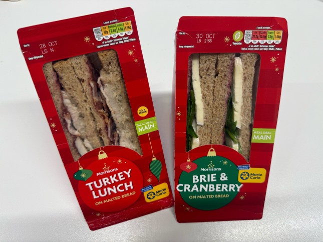 Morrisons Turkey Lunch sandwich and Brie & Cranberry sandwich on a white table