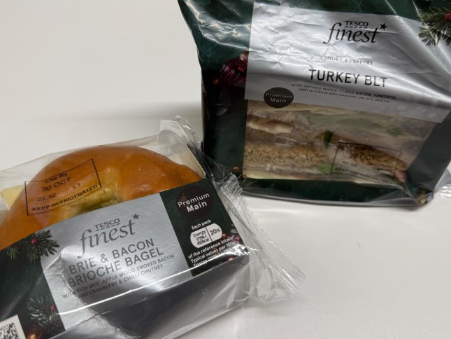 Tesco Finest Sandwiches, Brie and Bacon Brioche Bagel and a Turkey BLT in packets