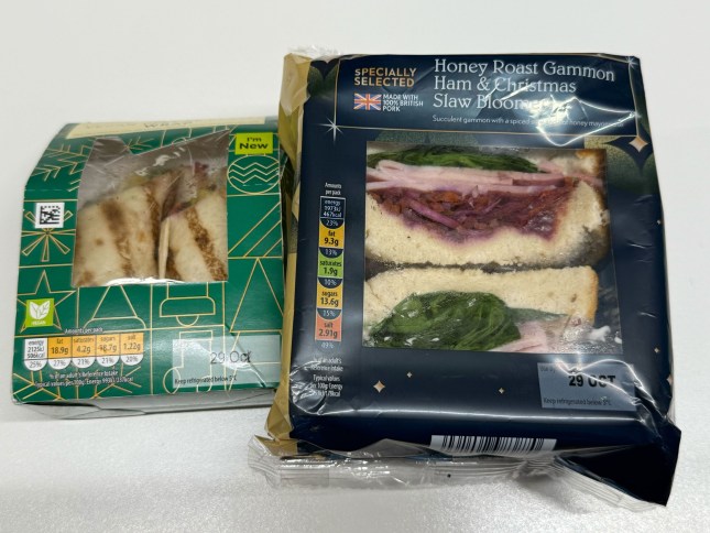 Aldi's Specially Selected Honey Roast Gammon Ham & Christmas Slaw Bloomer and Vegan Festive Feast Wrap in packets
