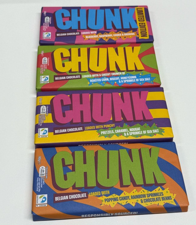 The four CHUNK chocolate bars in wrappers on a table