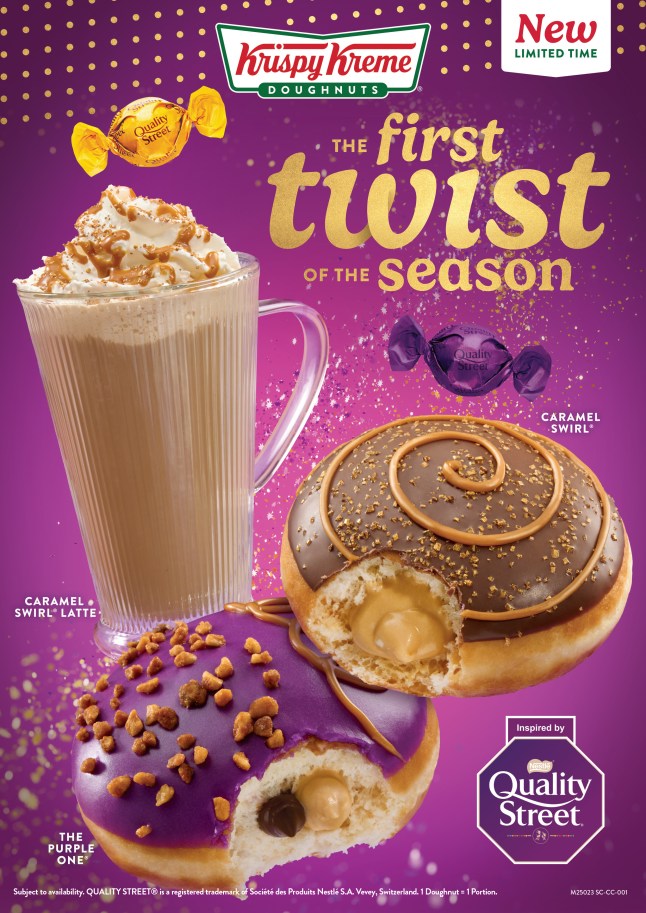 An advert for Krispy Kreme's new Quality Street range, featuring new drinks and a doughnut