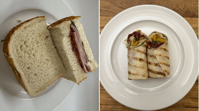 Aldi's Specially Selected Honey Roast Gammon Ham & Christmas Slaw Bloomer on a plate (left) and Aldi's Vegan Festive Feast Wrap (right)