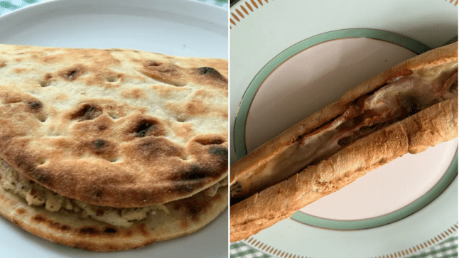 Split image showing Greggs Christmas Lunch Baguette (right) and Festive Flatbread (left) both on plates