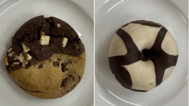 The new Half and Half cookie (left) and the white and milk chocolate drizzle doughnut (right)