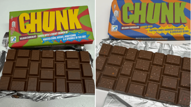 Two of the new CHUNK bars from Morrisons. Roasted corn flavour (left) and popping candy (right)
